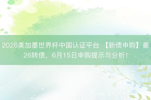 2026美加墨世界杯中国认证平台 【新债申购】豪26转债，6月15日申购提示与分析！